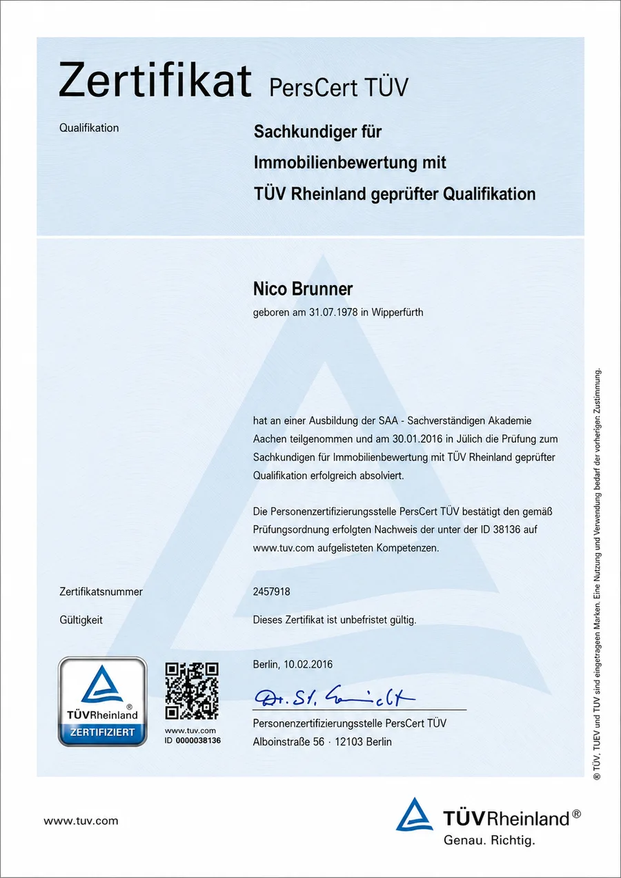 PersCert TÜV Zertifikat: unser Sachverständiger, Sachkundiger für Immobilienbewertung mit TÜV Rheinland geprüfter Qualifikation