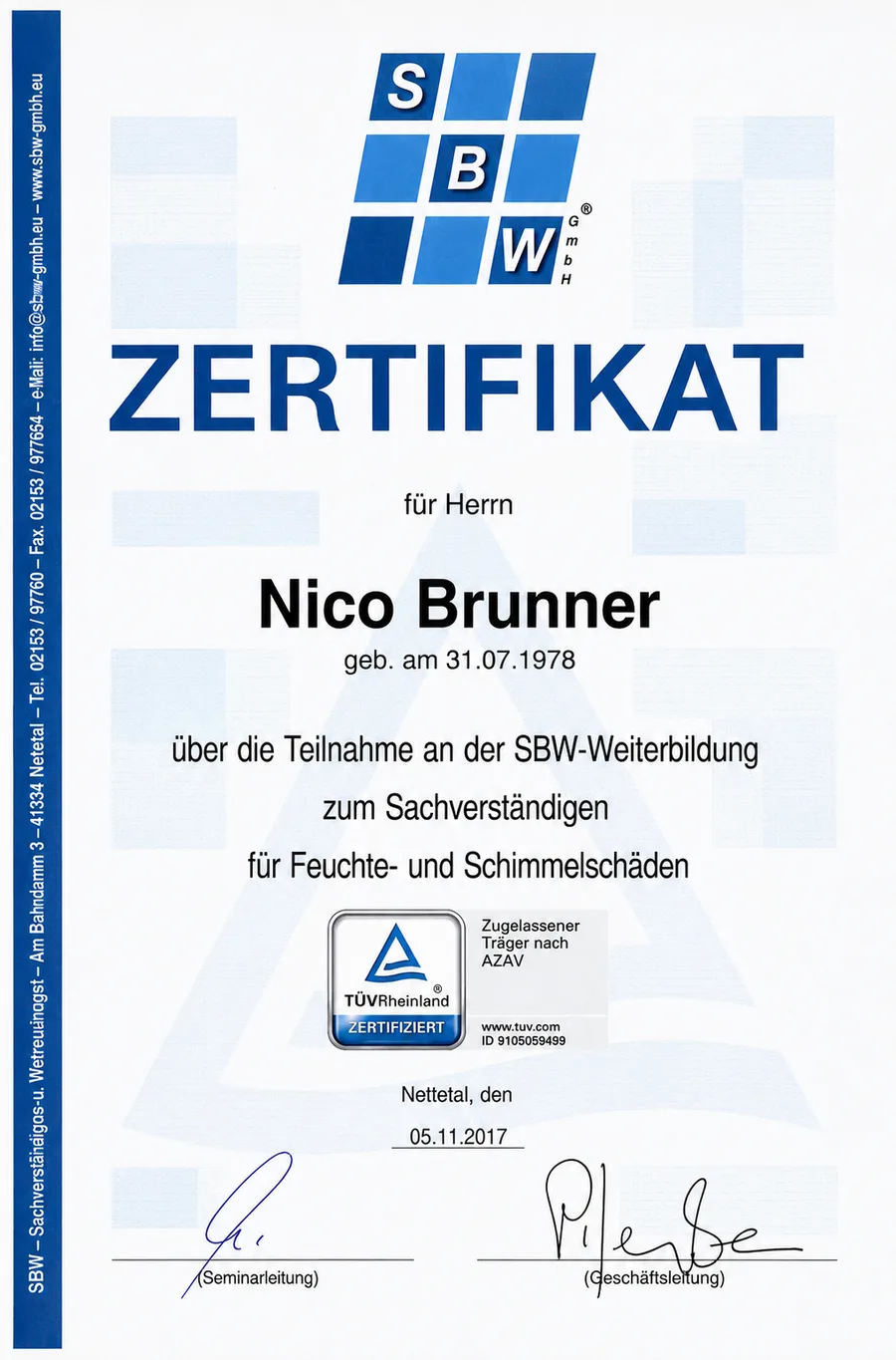 SBW-Zertifikat: unser Sachverständiger für Feuchte- und Schimmelschäden