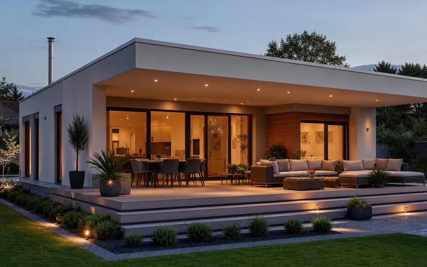 Moderner Fertighaus-Bungalow mit Flachdach und Terrasse am Abend – Bungalow-Fertighäuser und Preise 2026