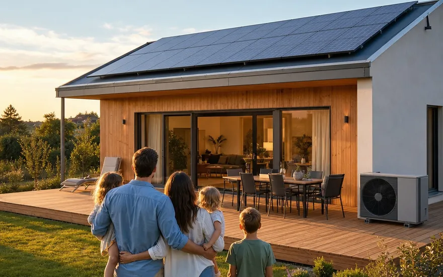 Fertighaus-Neubau mit Photovoltaik-Dach und Klimaanlagen-Außengerät neben der Terrasse – Kühlung von Anfang an mitgeplant