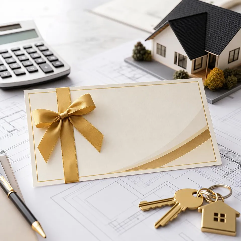 Gutschein auf Kostenplan mit Taschenrechner, Hausschlüsseln und Modellhaus – Gutschein für eine Kosten- und Budgetberatung beim Fertighaus