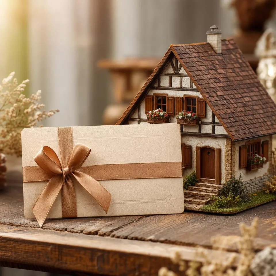 Gutschein mit Schleife neben Modellhaus im Landhausstil mit Fensterläden und Blumenkästen – Ausstattungs-Gutschein für ein Fertighaus im Landhausstil
