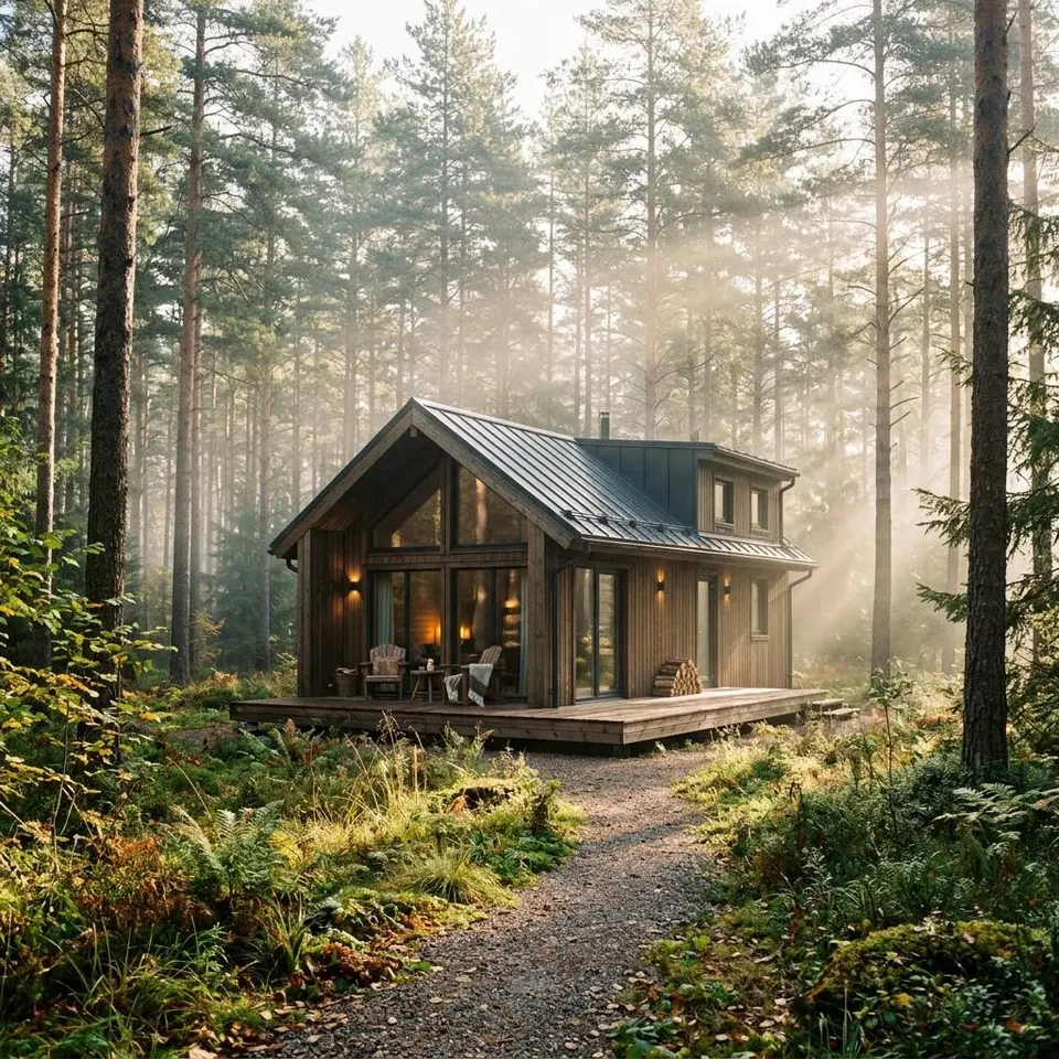 Gemütliches Holzhaus auf einer lichten Waldlichtung zwischen hohen Kiefern im Morgenlicht – Haus im Wald bauen