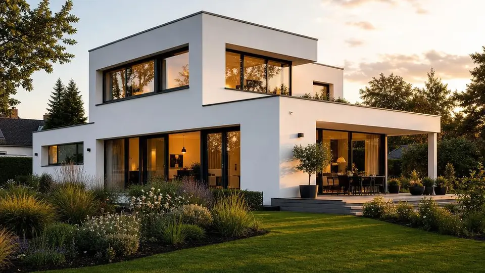 Kubisches Haus im Bauhausstil mit Flachdach, weißem Putz und raumhohen Glasflächen – Fertighaus im Bauhausstil 2026 Kubisches Haus im Bauhausstil mit Flachdach, weißem Putz und raumhohen Glasflächen – Fertighaus im Bauhausstil 2026