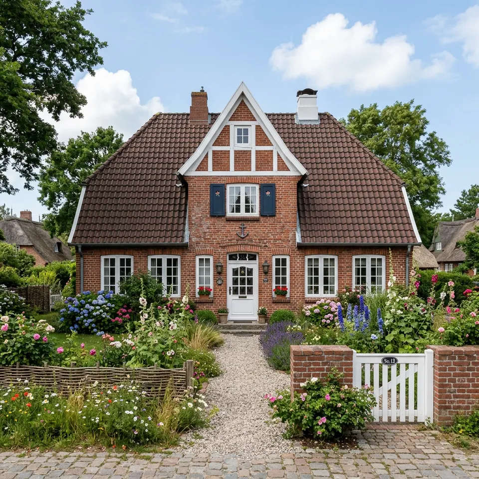 Kapitänshaus mit symmetrischer Klinkerfassade, mittigem Zwerchgiebel und Sprossenfenstern – norddeutscher Baustil im Jahr 2026 Kapitänshaus mit symmetrischer Klinkerfassade, mittigem Zwerchgiebel und Sprossenfenstern – norddeutscher Baustil im Jahr 2026