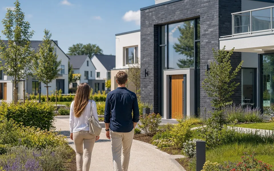 Musterhaus im Musterhauspark besichtigen 2026 – Paar auf dem Weg zum Ausstellungshaus Musterhaus im Musterhauspark besichtigen 2026 – Paar auf dem Weg zum Ausstellungshaus