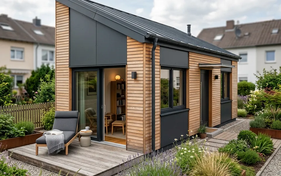 Kompaktes Singlehaus mit Pultdach, Fassade in Holz und Anthrazit sowie kleiner Terrasse – kleines Eigenheim 2026 Kompaktes Singlehaus mit Pultdach, Fassade in Holz und Anthrazit sowie kleiner Terrasse – kleines Eigenheim 2026