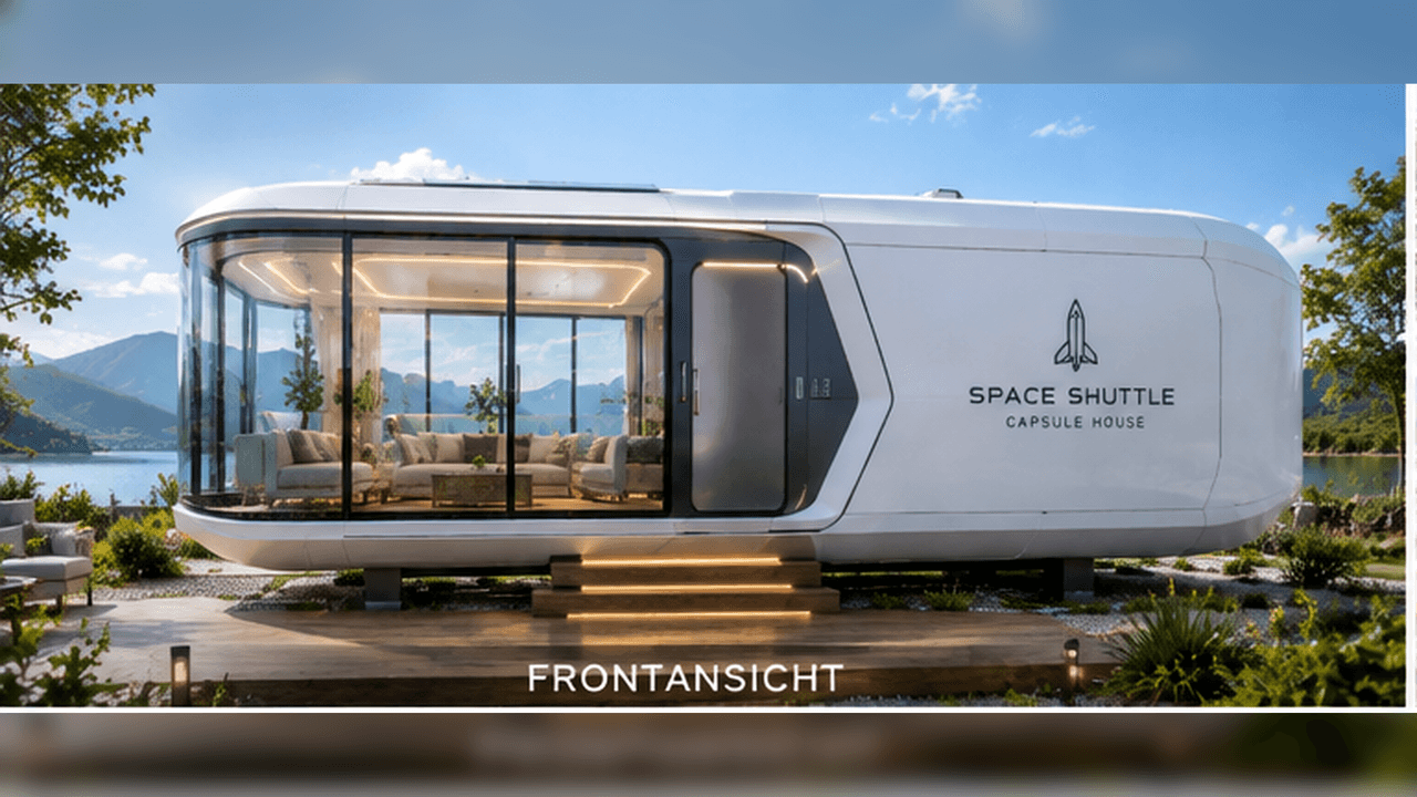 Space Capsule Tiny House Frontansicht – gerundete Wohnkapsel mit Panoramaverglasung und beleuchteter Treppe (Visualisierung)