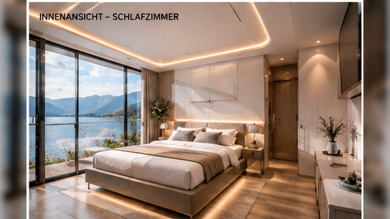 Space Capsule Tiny House Innenansicht Schlafzimmer – Doppelbett vor bodentiefer Verglasung mit Bergblick (Visualisierung)
