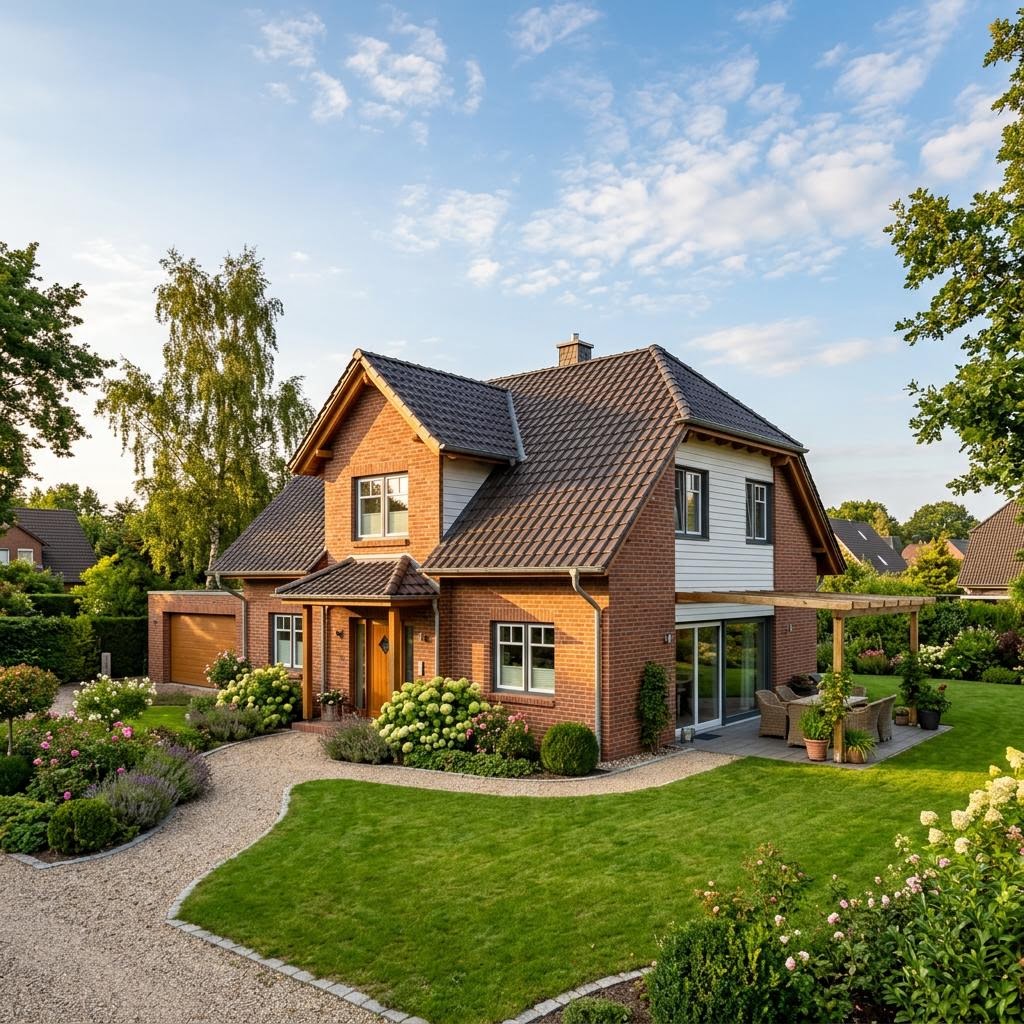 Landhaus Landkate Nordheide von Albert Haus mit rotem Klinker und Krüppelwalmdach