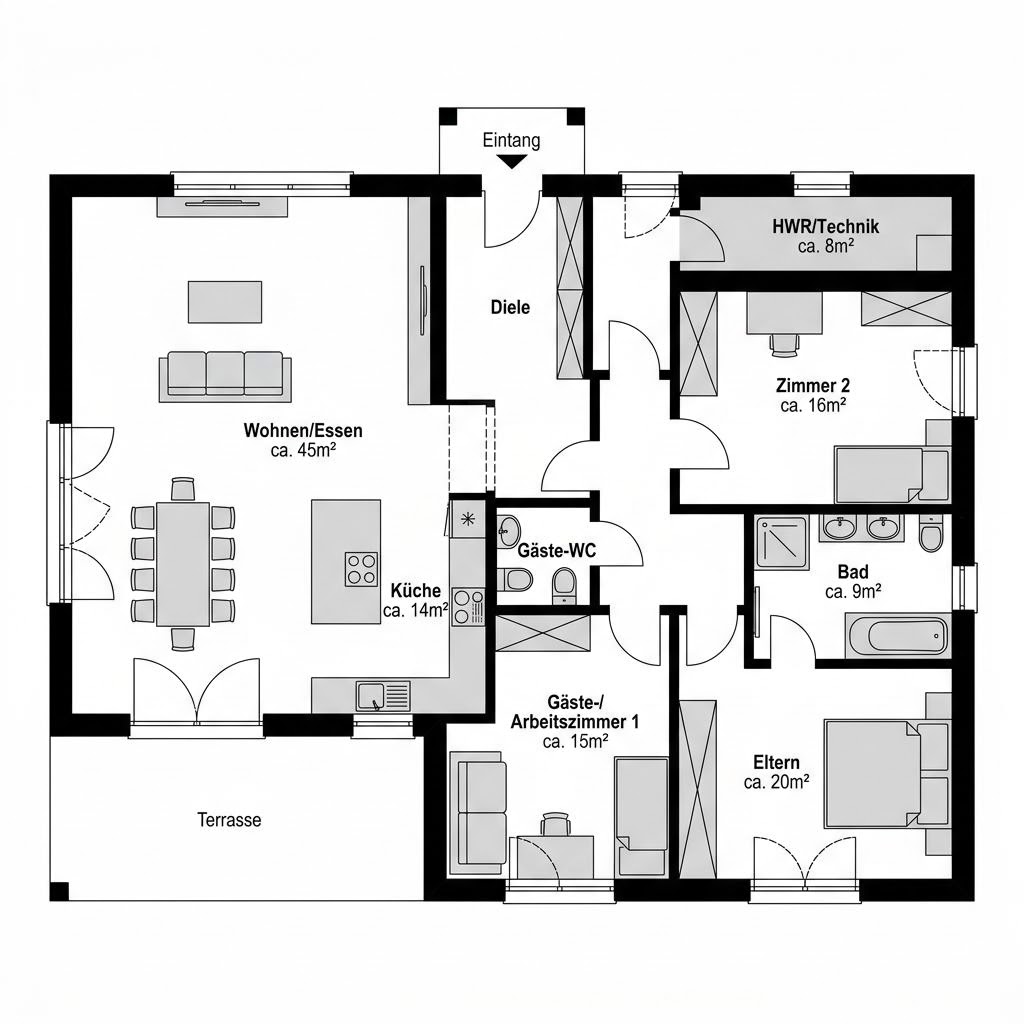 Grundriss Home 3 – 137 m² Ausbauhaus mit 5 Zimmern
