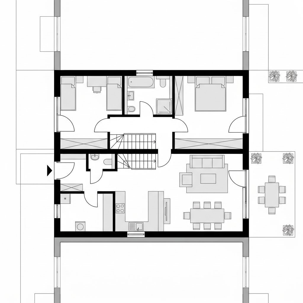 Grundriss Reihenmittelhaus RowLine R110 – 110 m² Reihenhaus mit 4 Zimmern