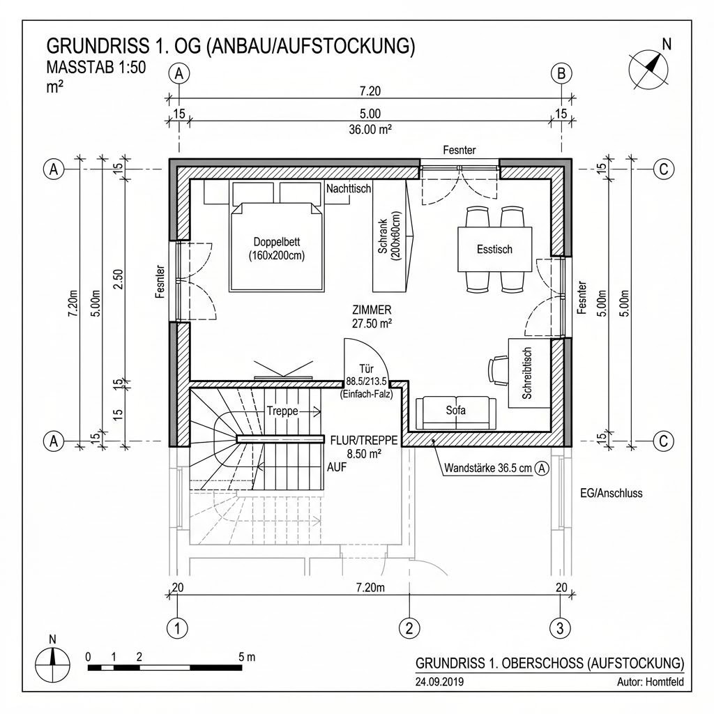 Grundriss Anbau Modul 36 von CABIN ONE — 36 m², 1 Zimmer