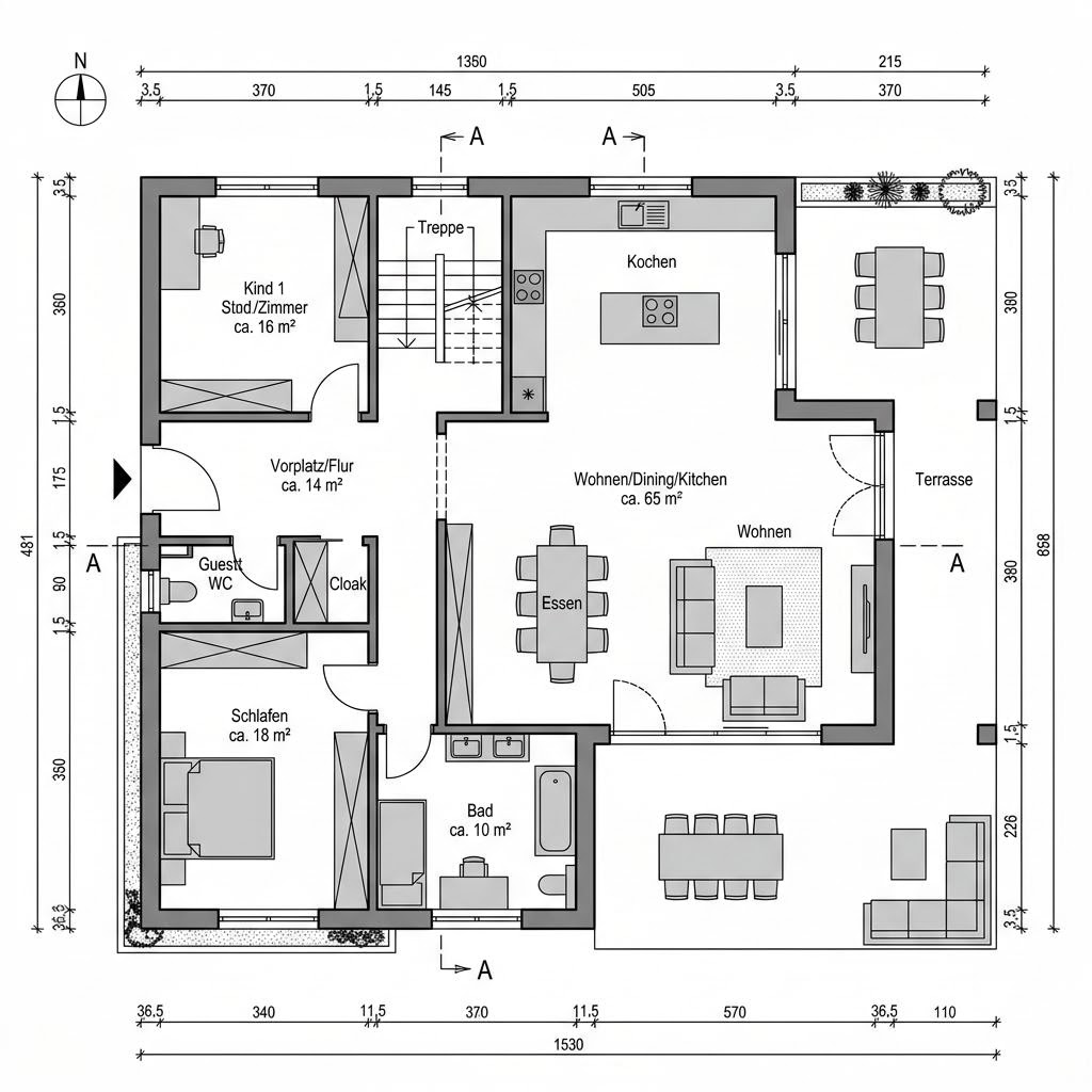 Grundriss Bauhaus 145 – 145 m² Flachdachhaus mit 4 Zimmern