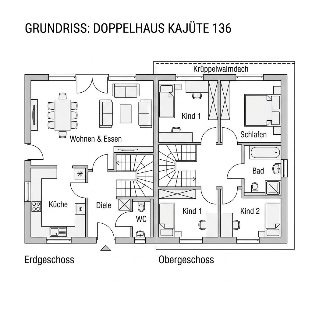 Grundriss Doppelhaus Kajüte 136 von Bärenhaus — 136 m², 5 Zimmer