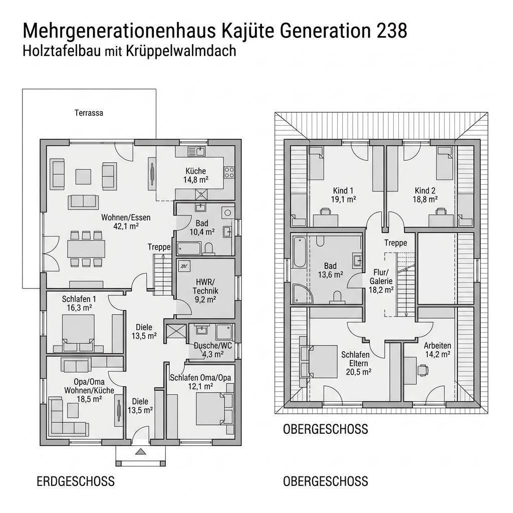 Grundriss Mehrgenerationenhaus Kajüte Generation 238 – 238 m² Mehrgenerationenhaus mit 8 Zimmern