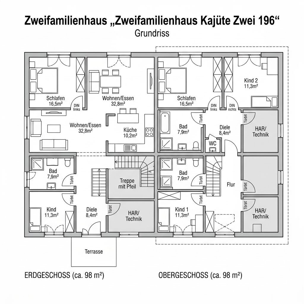 Grundriss Zweifamilienhaus Kajüte Zwei 196 – 196 m² Zweifamilienhaus mit 7 Zimmern