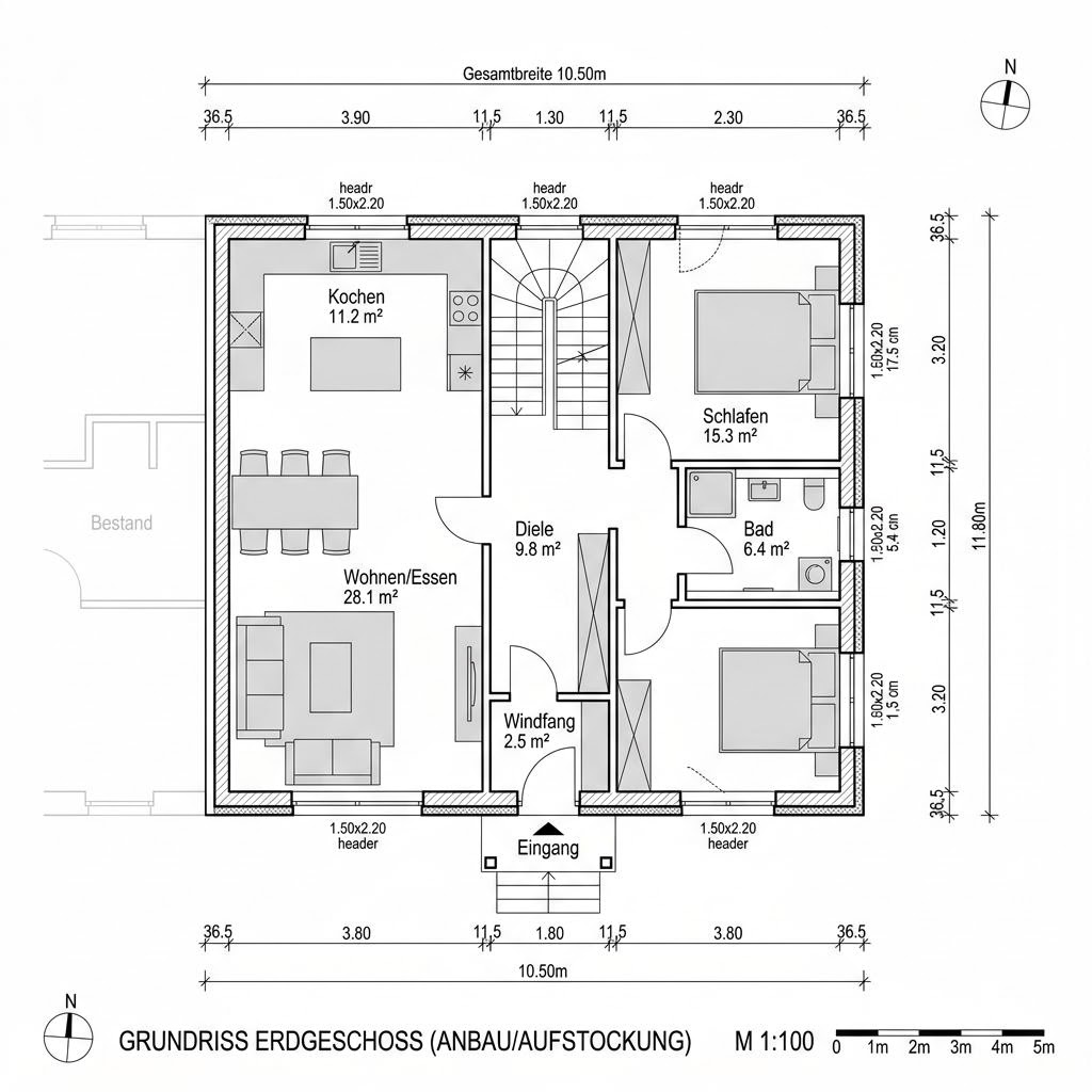 Grundriss Anbau Holzmodul 70 – 70 m² Anbau / Aufstockung mit 3 Zimmern