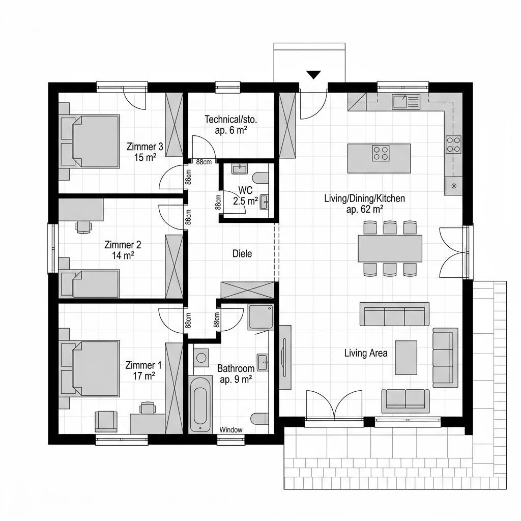 Grundriss Haus Lozzi – 158 m² Flachdachhaus mit 5 Zimmern