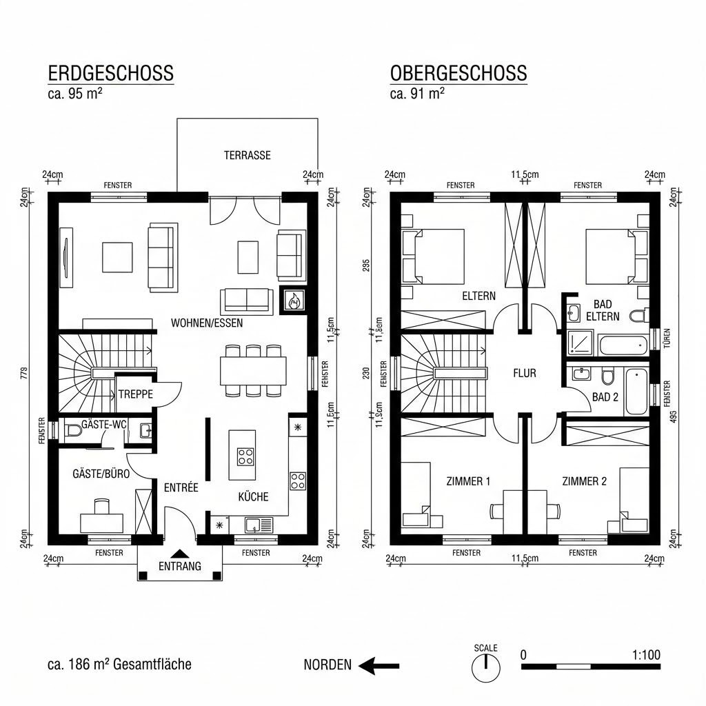 Grundriss Haus Werner von Baufritz — 186 m², 6 Zimmer