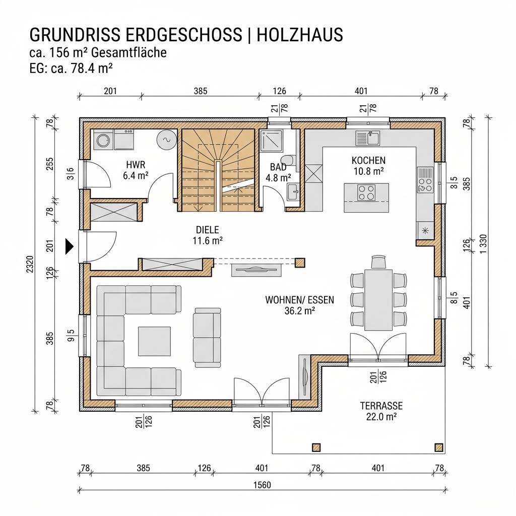Grundriss Holzhaus Alpin 156 – 156 m² Holzhaus mit 5 Zimmern