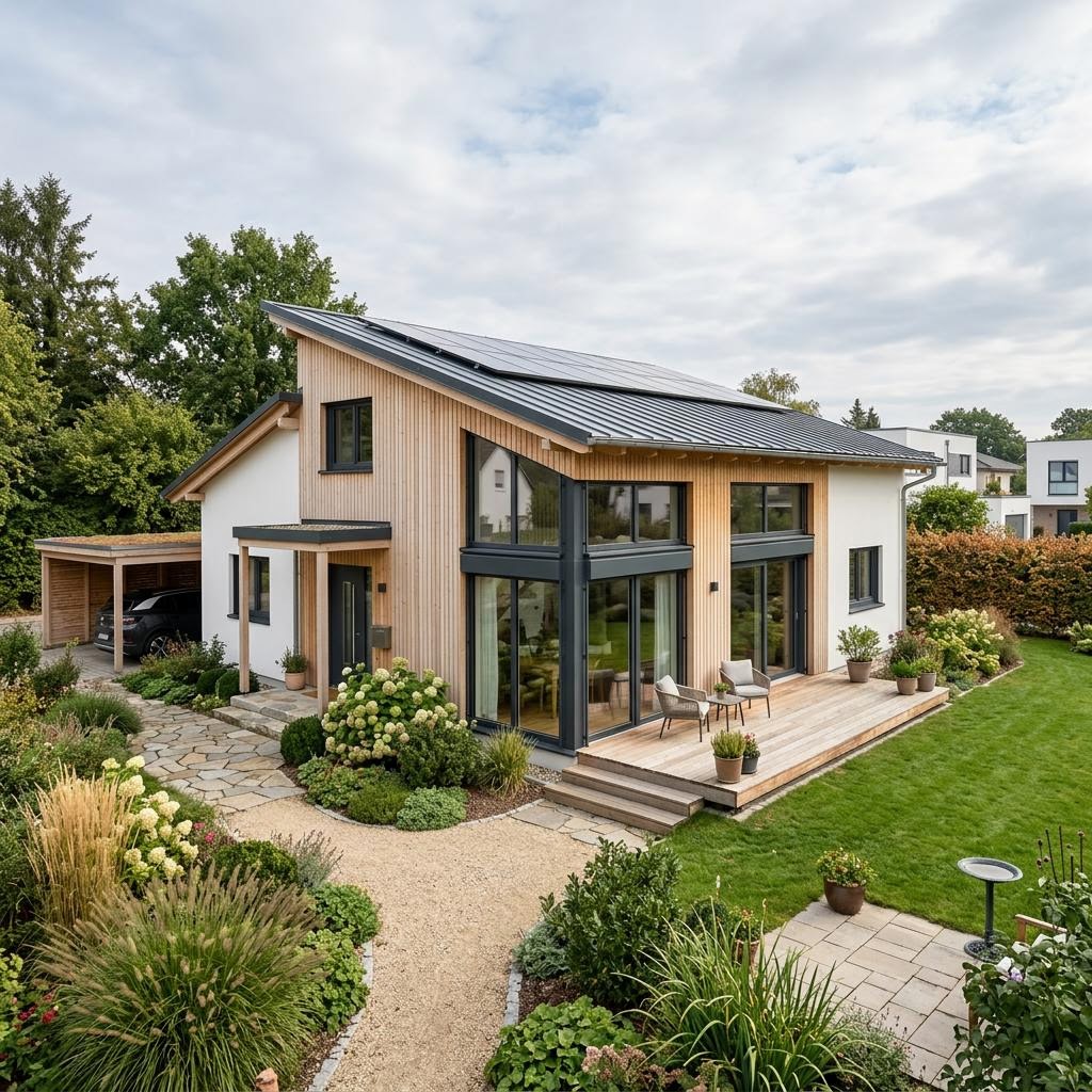 Pultdach-Bungalow Pult Bungalow Öko 134 von Baufritz mit Holzfaserdämmung und Solardach