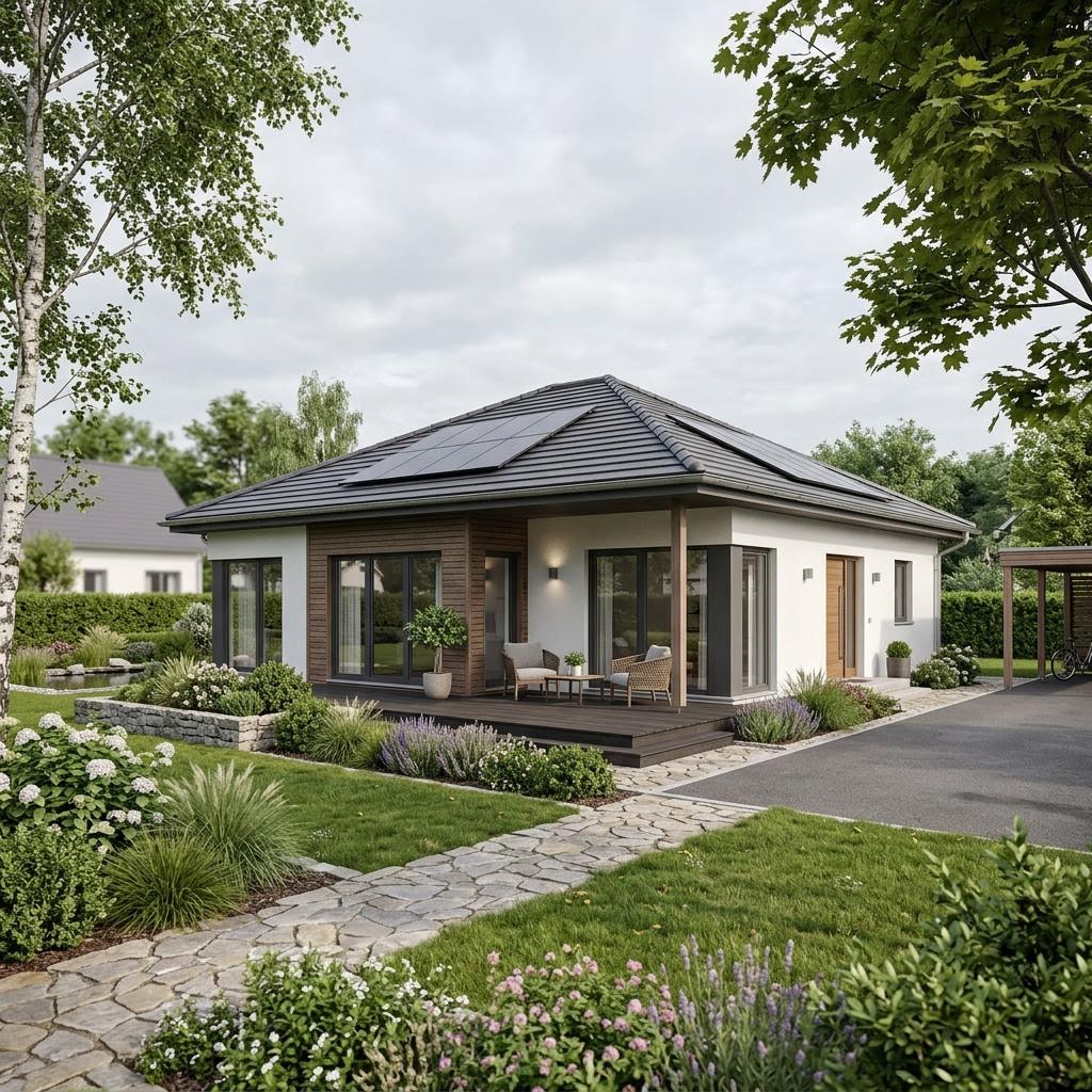 Bungalow Evolution 114 von Bien-Zenker mit Walmdach — barrierefreies Fertighaus mit 114 m²