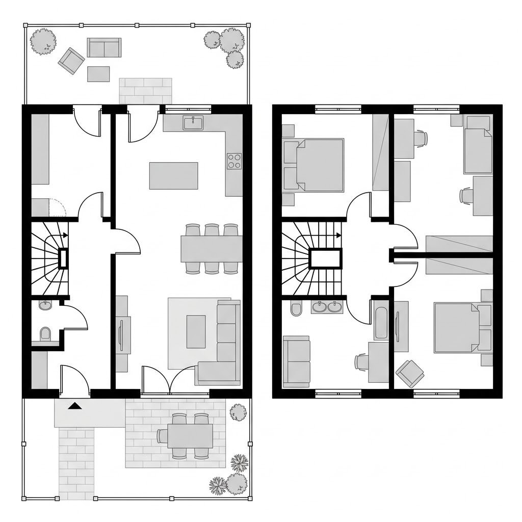 Grundriss Reihenmittelhaus Evolution R124 – 124 m² Reihenhaus mit 4 Zimmern