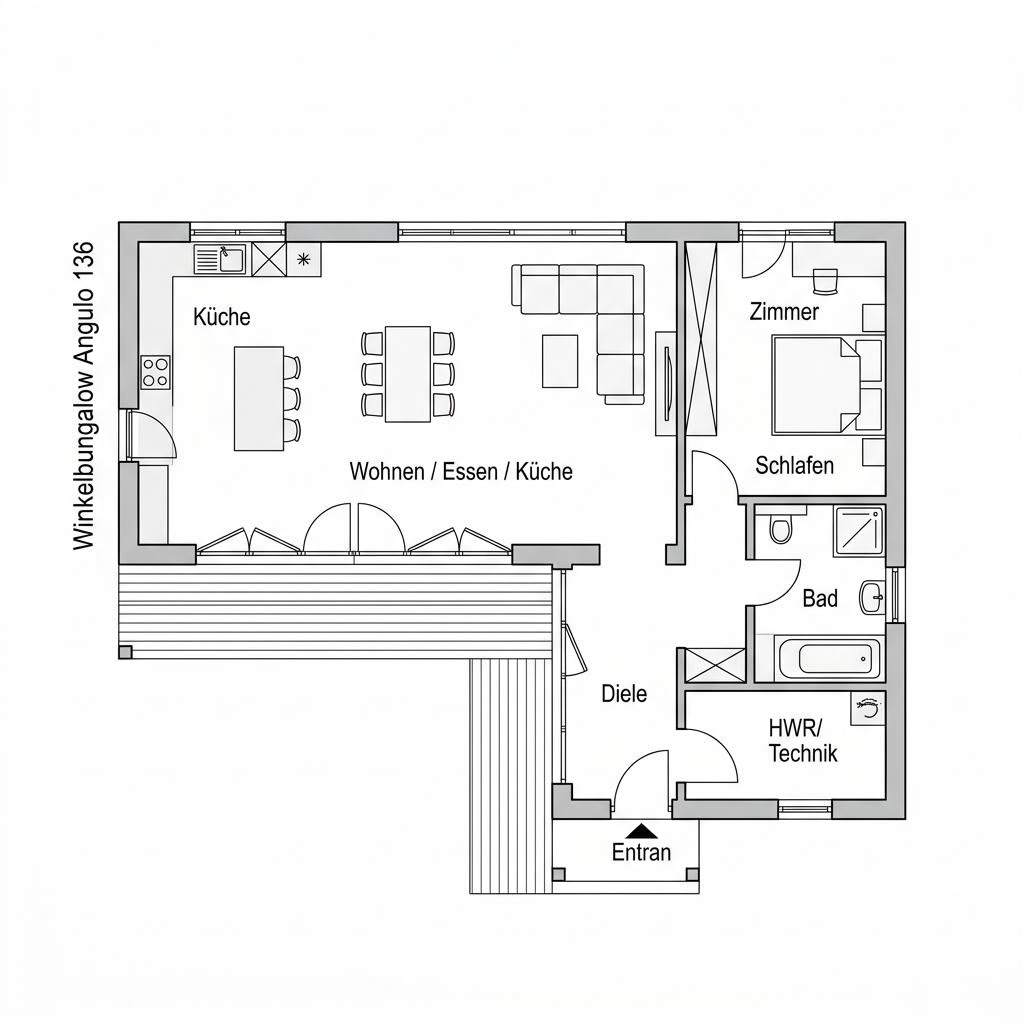 Grundriss Winkelbungalow Angulo 136 – 136 m² Winkelbungalow mit 4 Zimmern