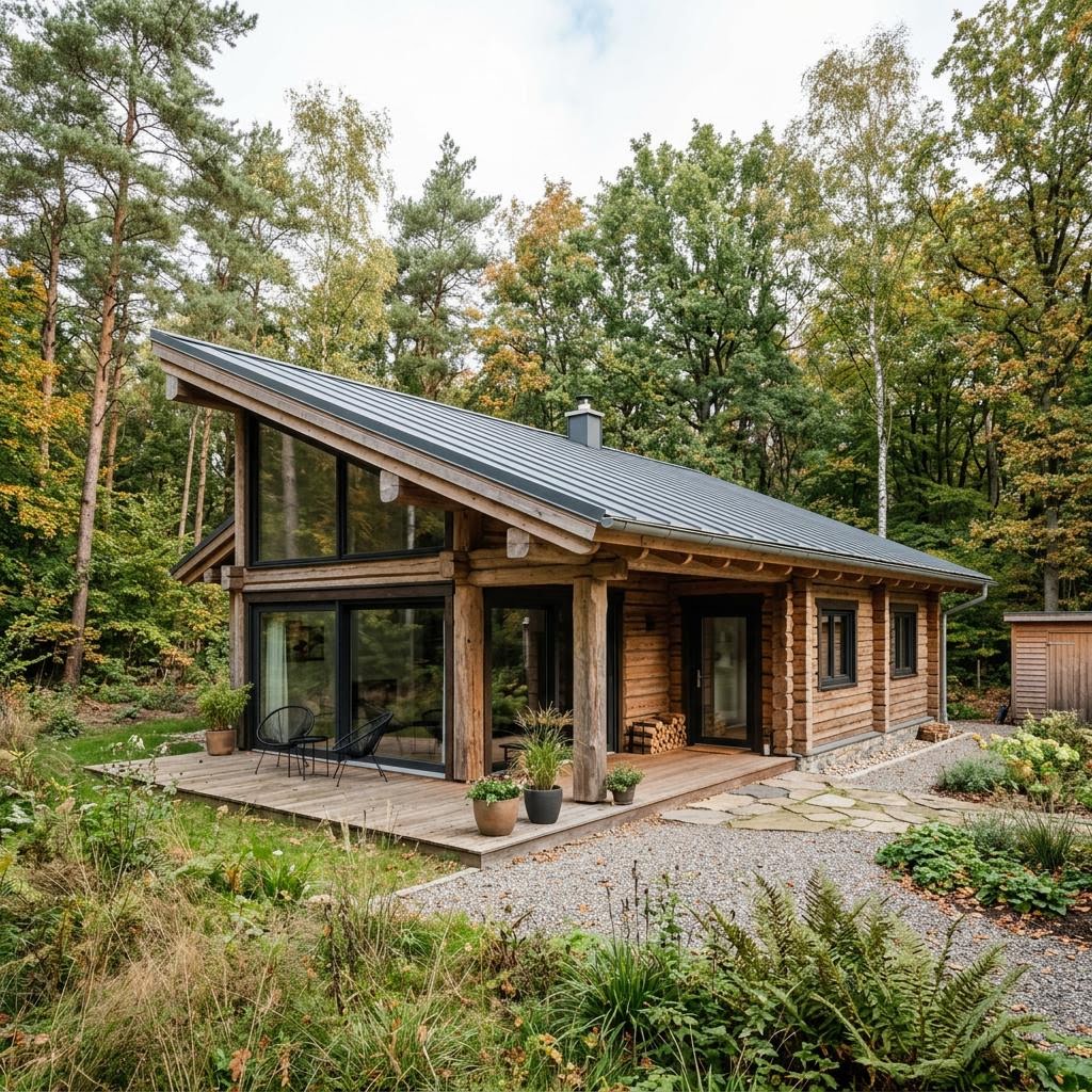 Blockhaus Flatwood Green 90 von LéonWood — modernes Pultdach-Blockhaus mit 95 m²