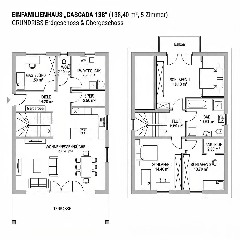 Grundriss Cascada 138 von Büdenbender Hausbau — 138 m², 5 Zimmer