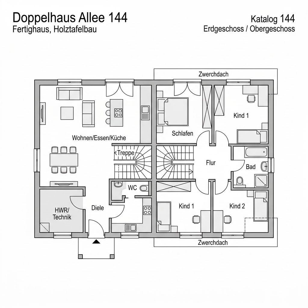 Grundriss Doppelhaus Allee 144 von Büdenbender Hausbau — 144 m², 5 Zimmer