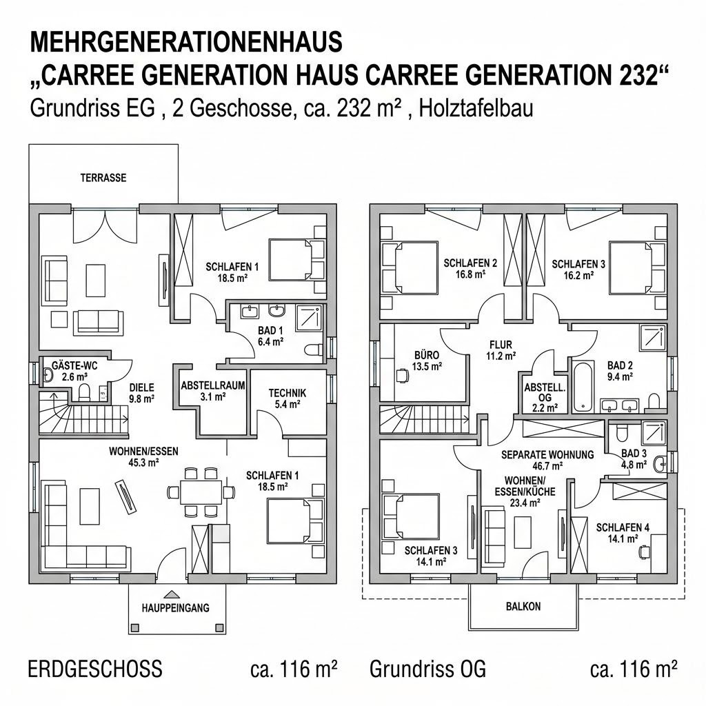 Grundriss Mehrgenerationenhaus Carree Generation 232 – 232 m² Mehrgenerationenhaus mit 8 Zimmern