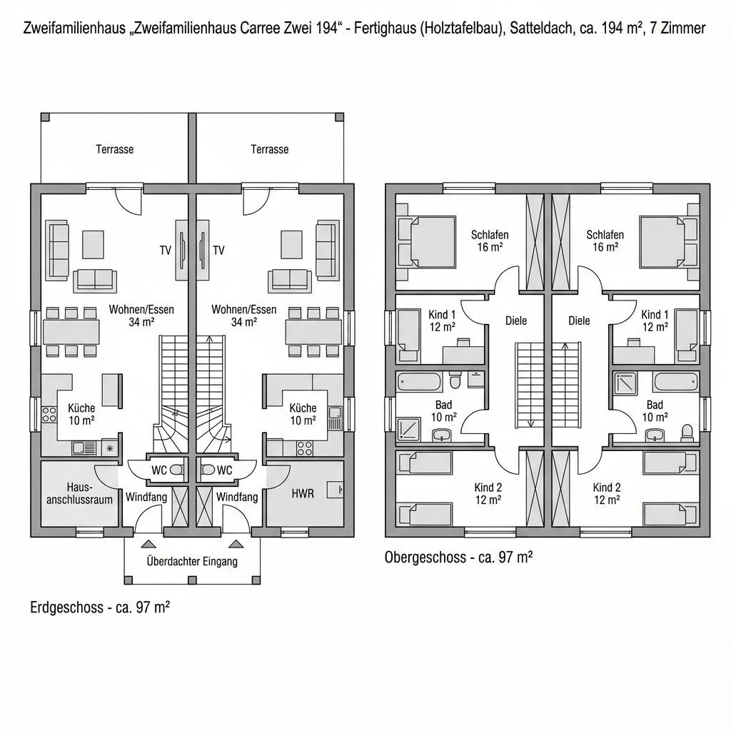 Grundriss Zweifamilienhaus Carree Zwei 194 – 194 m² Zweifamilienhaus mit 7 Zimmern