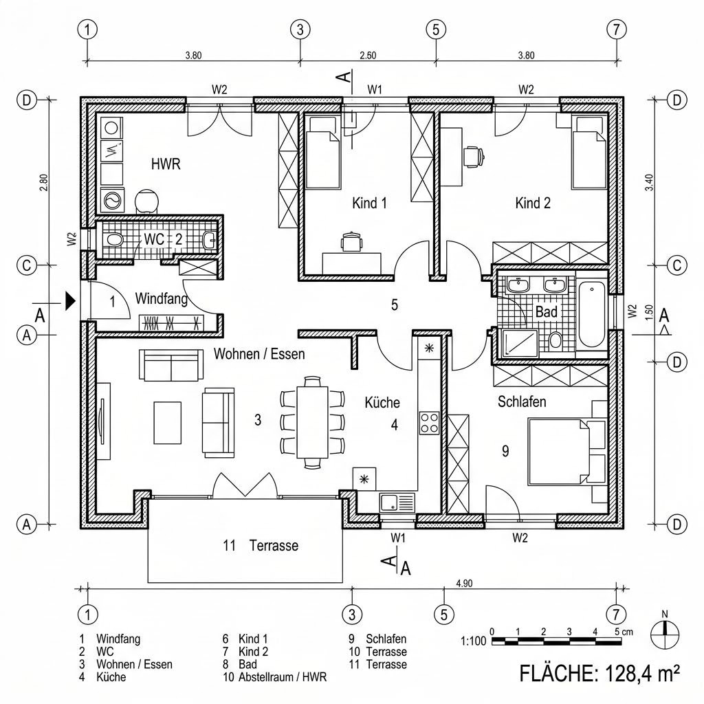 Grundriss Generation 5 Bungalow von allkauf haus — 128 m², 4 Zimmer