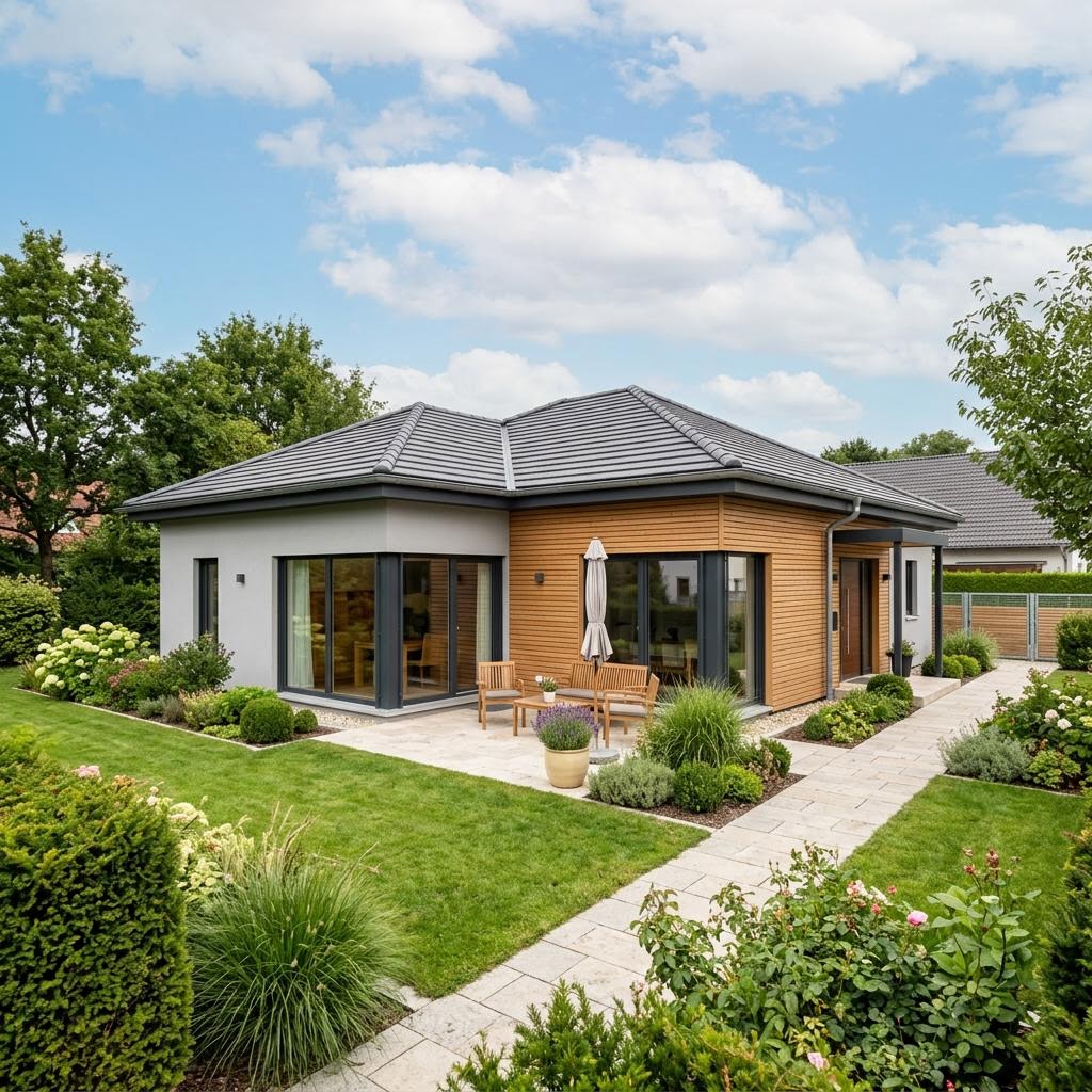 Bungalow Vitalhaus Bungalow 118 von Bärenhaus — ebenerdiges Holzfertighaus mit Walmdach