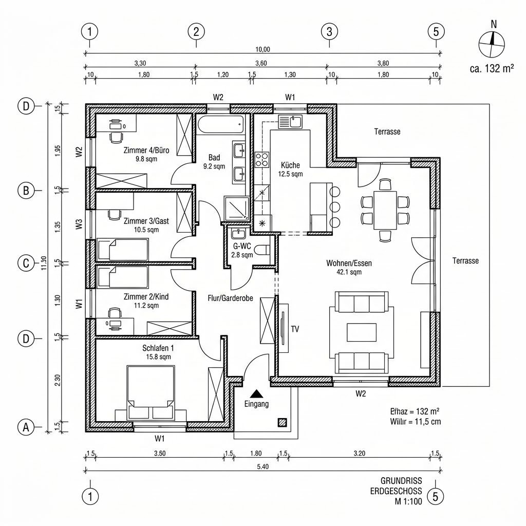 Grundriss Vitalhaus Bungalow 132 von Bärenhaus — 132 m², 4 Zimmer