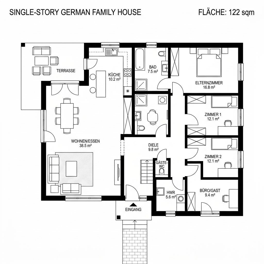 Grundriss eco-Bungalow 122 von Beilharz Haus — 122 m², 4 Zimmer