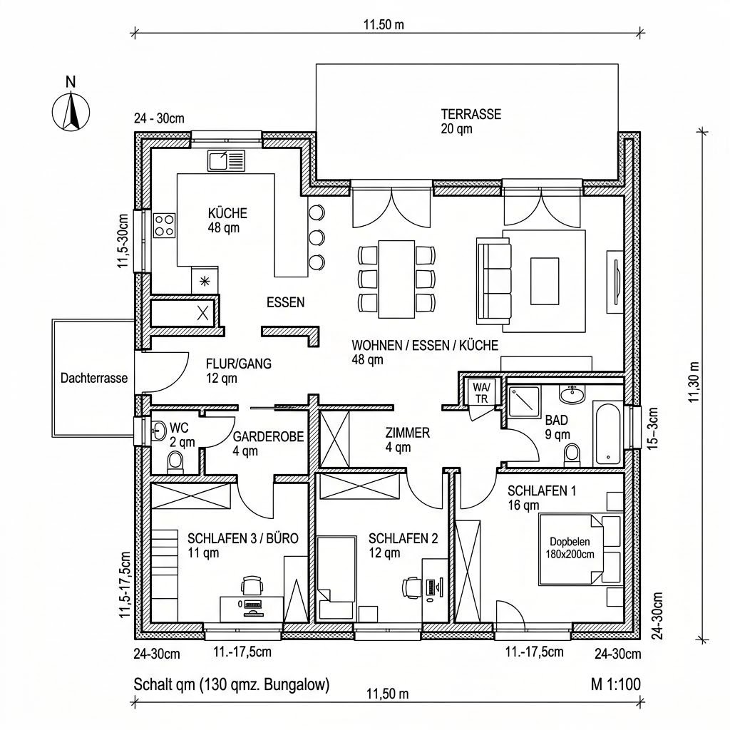 Grundriss Öko Bungalow 130 von Beilharz Haus — 130 m², 4 Zimmer