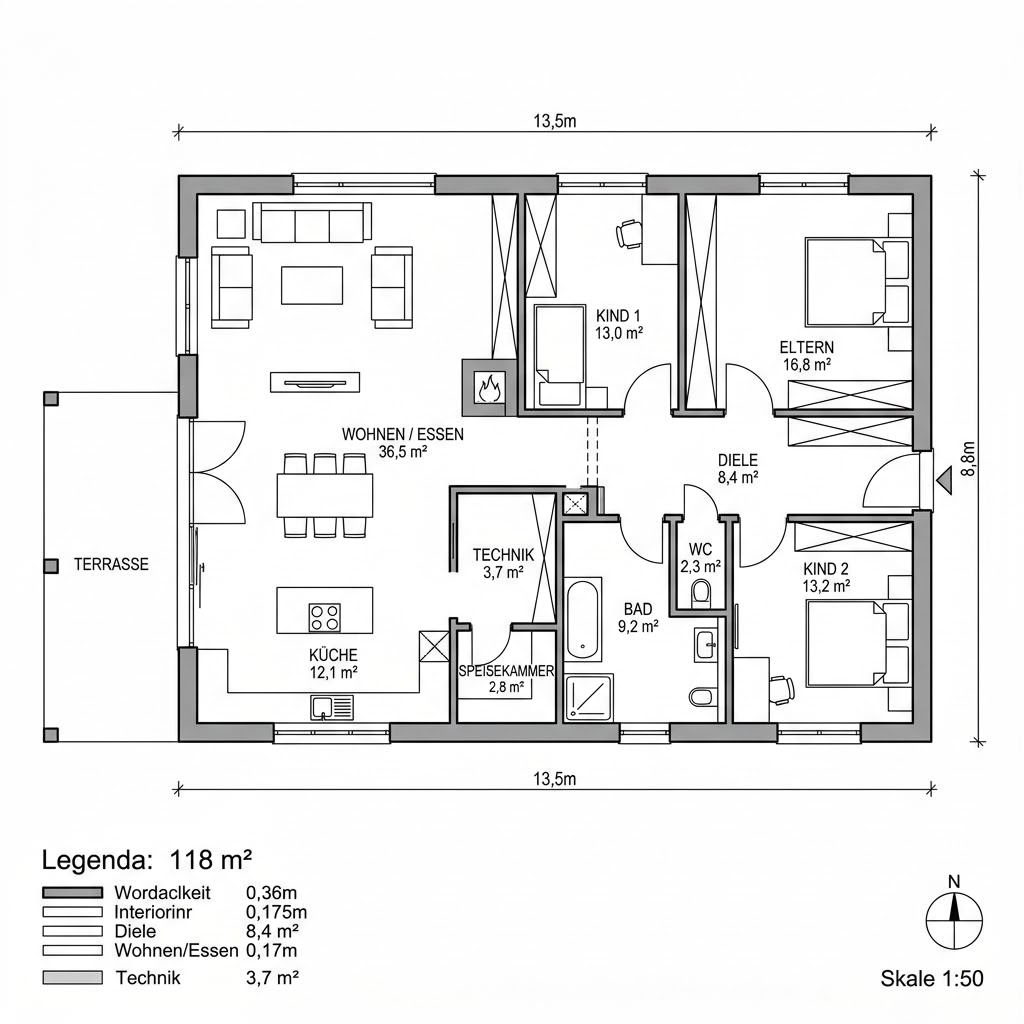 Grundriss Bungalow PUREA 118 von Bien-Zenker — 118 m², 4 Zimmer