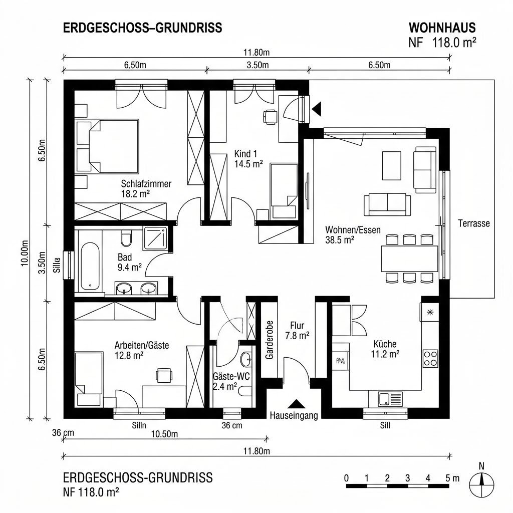 Grundriss Bungalow SB 118 von Bio-Solar-Haus — 118 m², 4 Zimmer