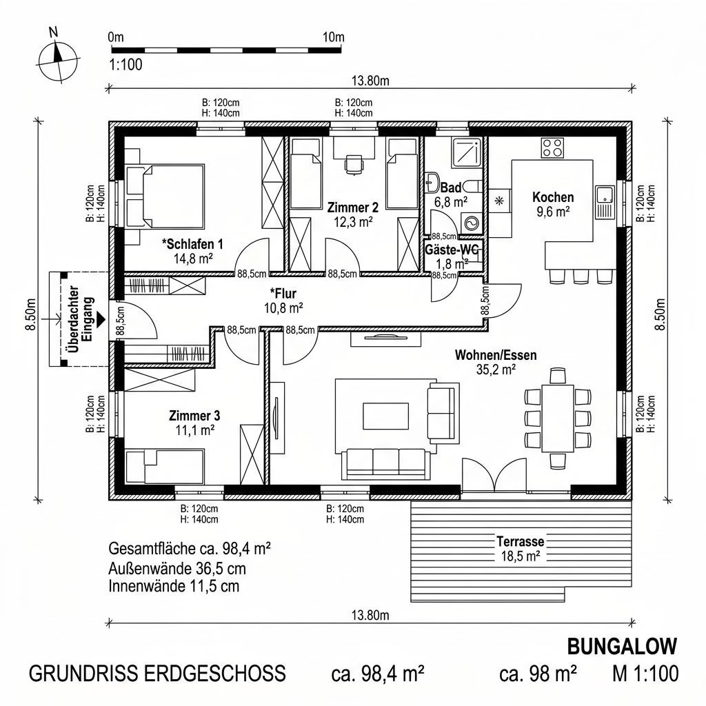 Grundriss Planungsbeispiel 98SB30 von Bio-Solar-Haus — 98 m², 3 Zimmer