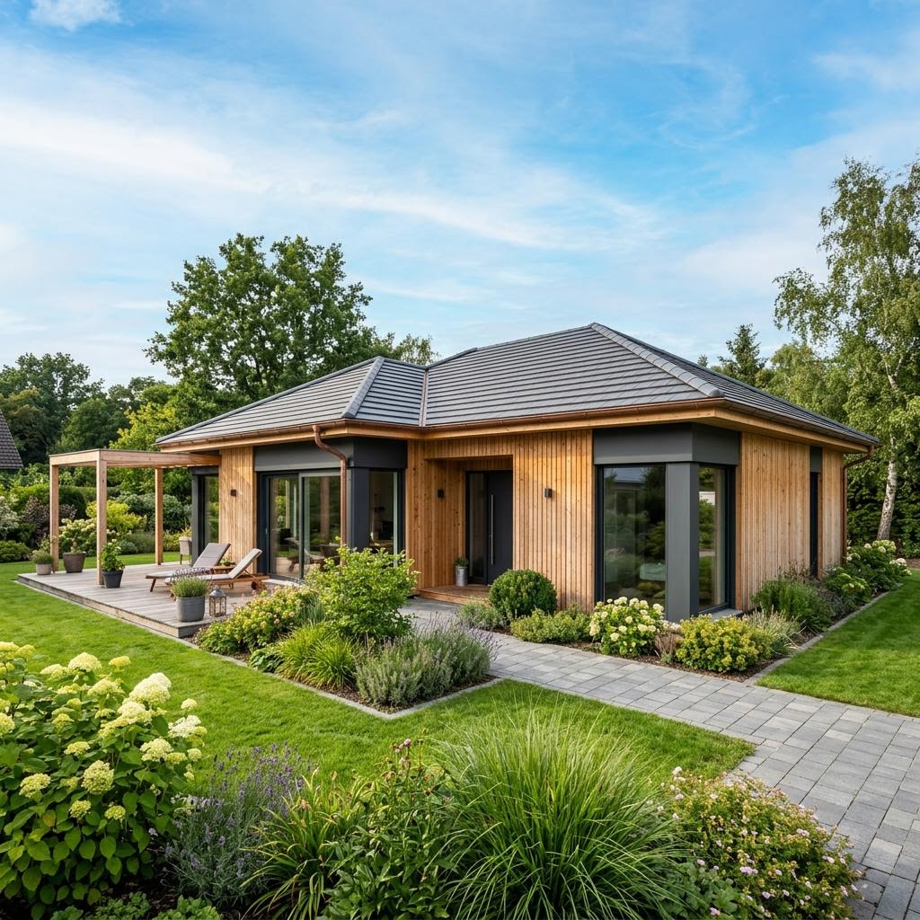 Bungalow Priental 125 von Chiemgauer Holzhaus — ebenerdiges Vollholzhaus mit Walmdach und 125 m²