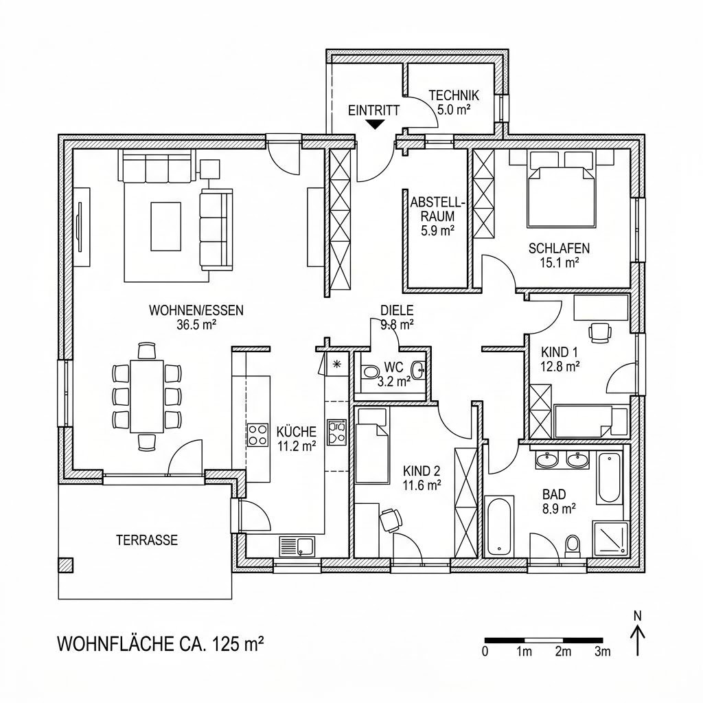 Grundriss Bungalow Priental 125 von Chiemgauer Holzhaus — 125 m², 4 Zimmer