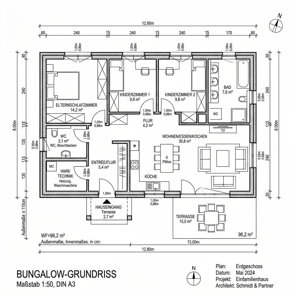 Grundriss Bungalow Simssee 96 von Chiemgauer Holzhaus — 96 m², 3 Zimmer