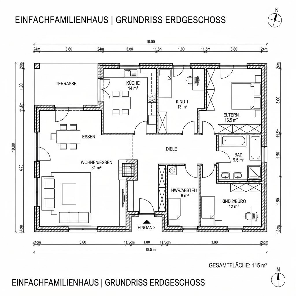 Grundriss Bungalow Cube 115 von Deutsche Neubau — 115 m², 4 Zimmer
