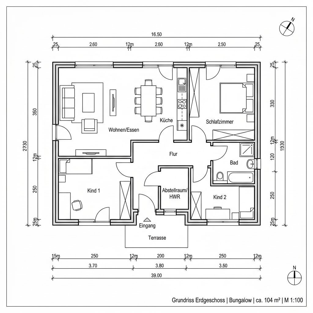 Grundriss Bungalow Flach 104 von Econ Das Haus — 104 m², 3 Zimmer