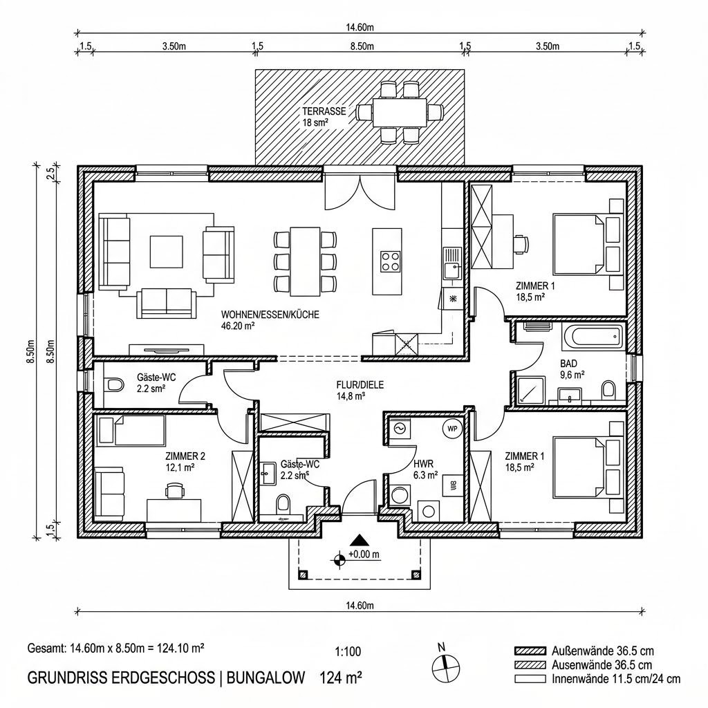 Grundriss Bungalow Flach 124 von Econ Das Haus — 124 m², 4 Zimmer