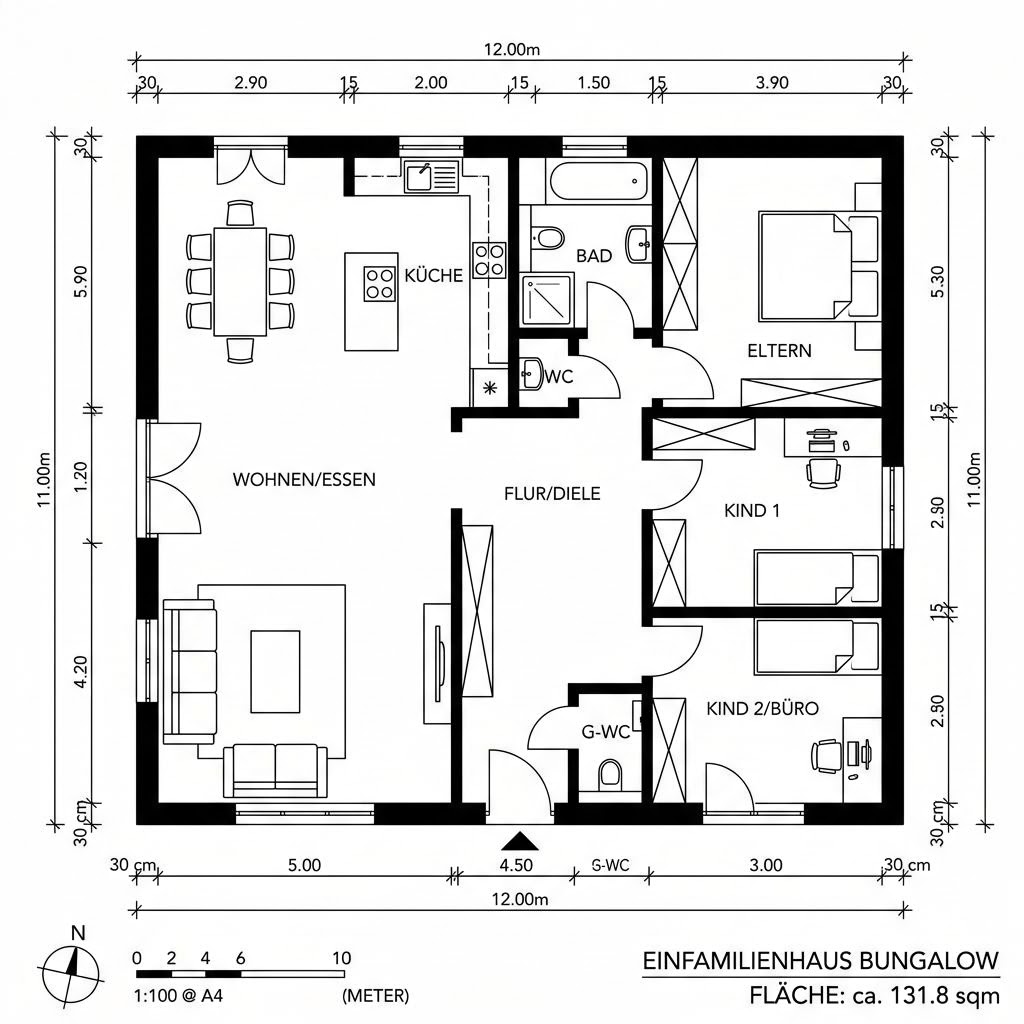 Grundriss Bungalow Walm 132 von Econ Das Haus — 132 m², 4 Zimmer