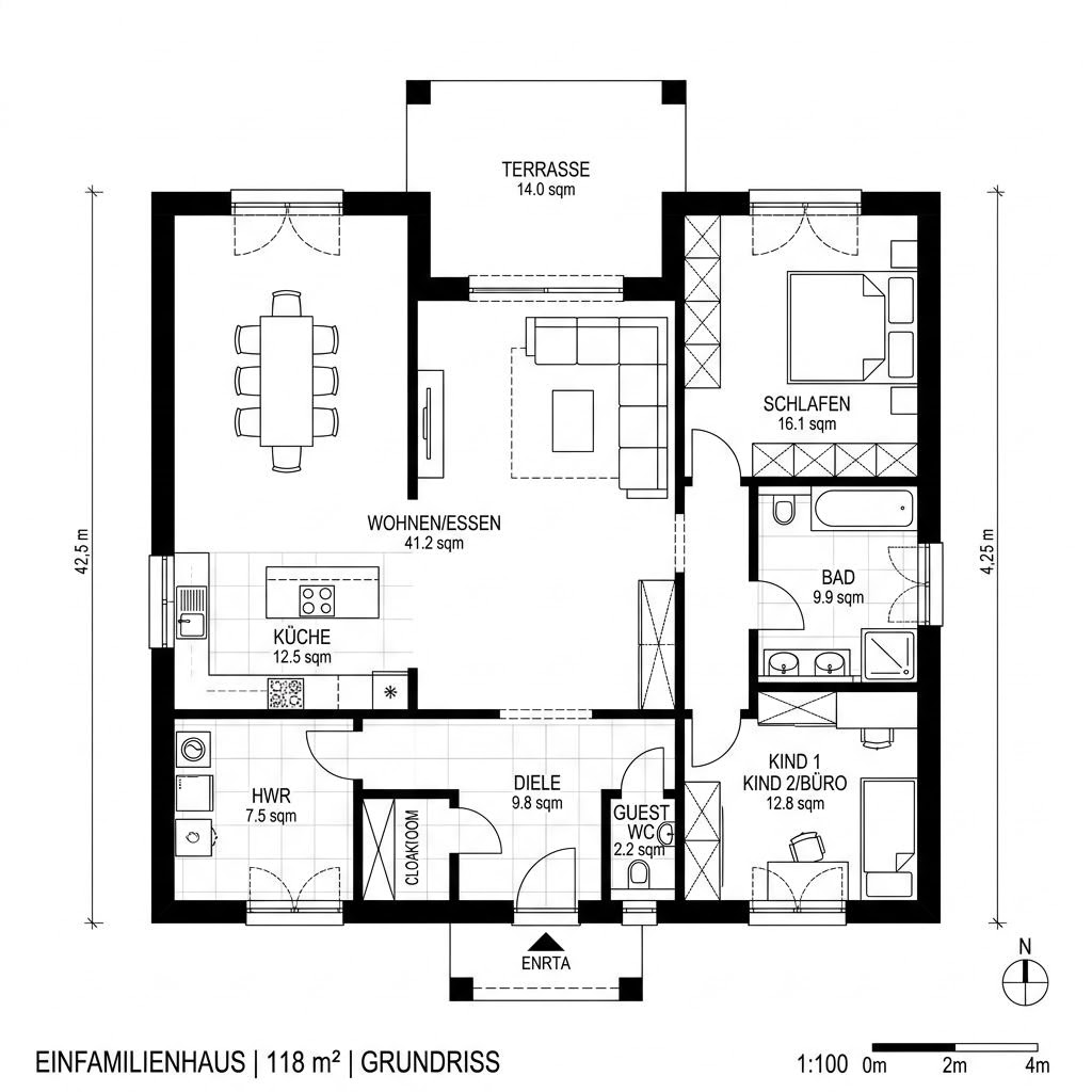 Grundriss Bungalow VIO 118 von FingerHaus — 118 m², 4 Zimmer
